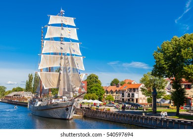 LITHUANIA, KLAIPEDA - JULY 20, 2016: Restaurant on sailing boat on Dane river in oldtown of Klaipeda. Lithuania.