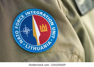 Lithuania - March 29 2022: Patch And Symbol Of NATO Force Integration Unit In Lithuania, Baltic States On A Soldier Uniform, Close Up