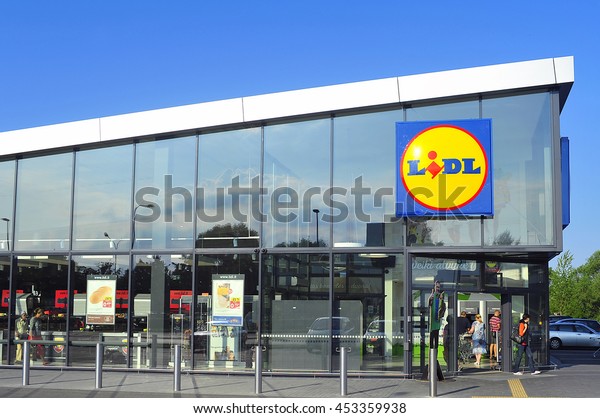 LITHUANIA-JULY 02:LIDL\
supermarket and logo on July 02,2016 in Lithuania. Lidl is a German\
global discount supermarket chain, that operates over 10,000 stores\
across Europe. 