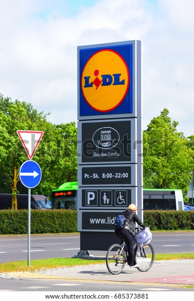 LITHUANIA-JUNE 05:LIDL\
supermarket and logo on June 05,2017 in Lithuania. Lidl is a German\
global discount supermarket chain, that operates over 10,000 stores\
across Europe. 