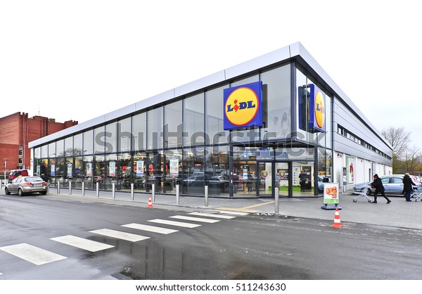 LITHUANIA-NOV 07:LIDL\
supermarket and logo on November 07,2016 in Lithuania. Lidl is a\
German global discount supermarket chain, that operates over 10,000\
stores across Europe.\
