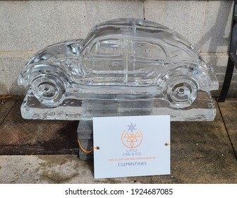 Lititz, PA - February 16 2021: Car Ice Sculpture At Lititz Ice Walk