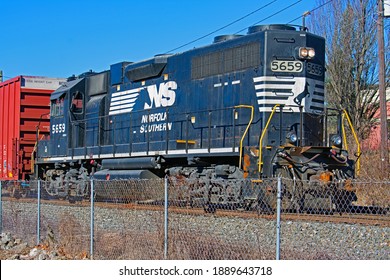 Lititz, Pa. USA January 7, 2021 A Norfolk-Southern engine moves freight cars to and from various businesses in Lititz, Pa.
