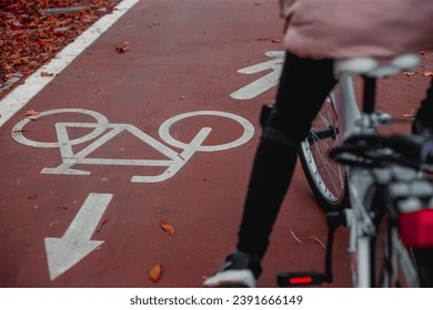 Litl girl cycling along red bike lane with signs of bicycles and two way arrows on street. World Bicycle Day. - Powered by Shutterstock