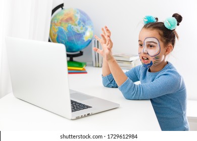 Little Actress, Little Girl Studying Theater On Laptop Online