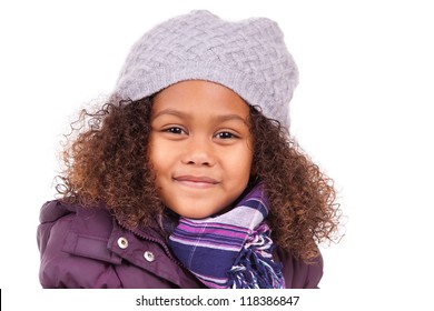 Little african asian girl wearing winter clothes,isolated on white background
