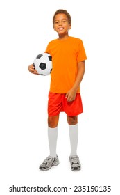 Little African Boy Holding Soccer Ball Isolated