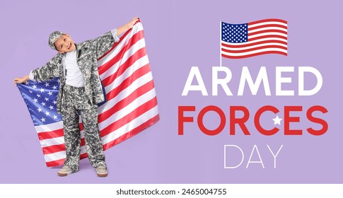 Little African-American soldier with USA flag on lilac background. Banner for Armed Forces Day   - Powered by Shutterstock