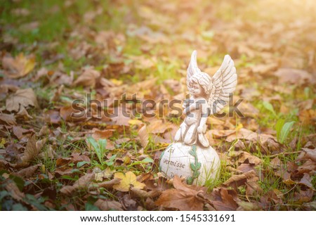 Little angel on a white ball with the german inscription for i miss you, a lot of autumn leaves