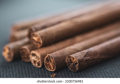 Little Aroma Cigars, Close Up. Tobacco Smoking Concept. Little Depth Of Field, Copy Space