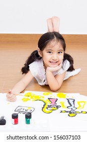 Little Asian Artist Kid Drawing And Painting 