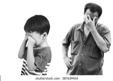 Little Asian Boy Angry  His Father,black And White Tone