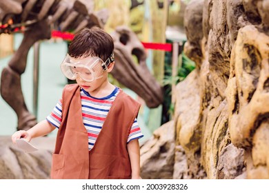 Little Asian Boy Have Fun Digging In The Sand At Adventure Park. Kid Having Fun Learning About Prehistory. Soft Focus. Copy Space.