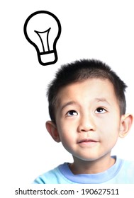 Little Asian Boy Looking Up With An Idea On White Background