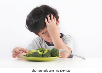 Little Asian Boy Refuse To Eat Healthy Vegetables.