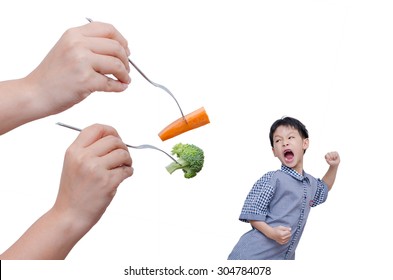 Little Asian Boy Run Away From Eating Vegetables Over White