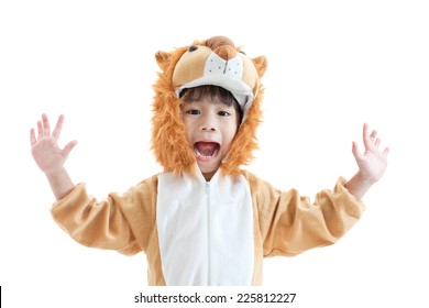 Little asian boy trick or treat concept, lovely boy costumed and acting like a lion, isolated on white background