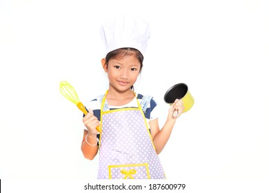 Little Asian Girl Cooking Isolate On White Background