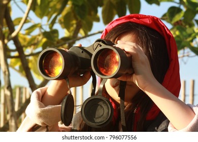 Little Asian Girl Looking Into The Distance With Binoculars While Camping With Family And Learning Survival Skill. Curiosity And Imagination Are What Drive Innovation And Are Key To Problem Solving.