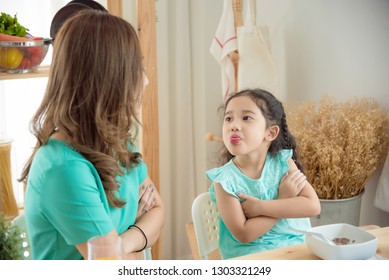 Little Asian Girl Refuse To Having Breakfast With Her Mother,picky Eater Concept. 