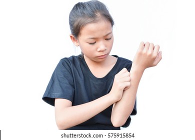 Little Asian Girl Scratch Itch Hand On White Background