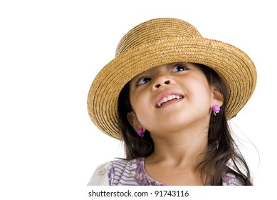 Little Asian Girl With Straw Hat Looking Up Over White