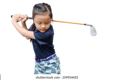 Little asian girl training in golf sport girl isolate on white