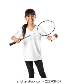 Little asian girls with badminton, Isolate over white