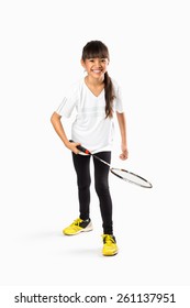 Little asian girls with badminton, Isolate over white