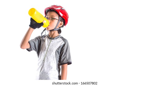 Little Asian Malay Girl With Cycling Attire Drinking Water 