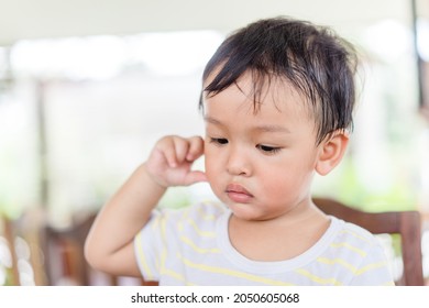 Little Asian Toddler Baby Boy Has Earache When Insects Inside Outdoor Baby Infant Boy Hands Touching In Ear And Pain.deaf Kid.Flu And Sick.Clean Up Earwax.Accident In Kid With Ear.Condition And Clean.