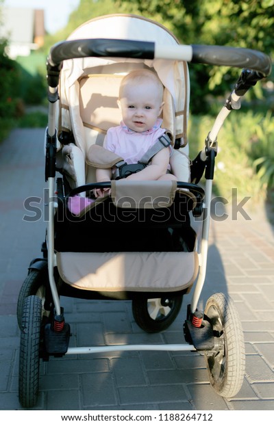 Little baby boy looking  in\
stroller on the park. Breastfeeding or early childhood development\
concept