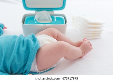 Little Baby Boy Preparing For A Diaper Change