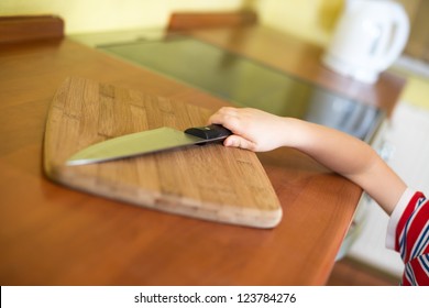 Little Baby Boy Is Reaching Kitchen Knife - Danger In Kitchen