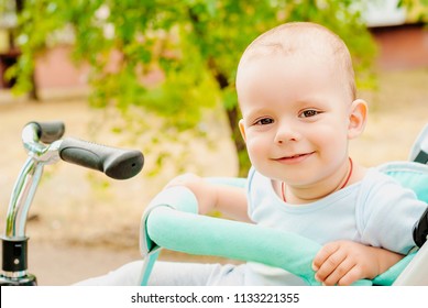 Little Baby Boy Sitting Stroller Green Stock Photo 1133221355 ...