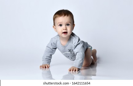 Little Baby Boy Toddler In Grey Casual Jumpsuit And Barefoot Crawling On Floor, Smiling And Looking Up Over White Wall Background. Trendy Baby Clothing, First Steps And Happy Childhood Concept