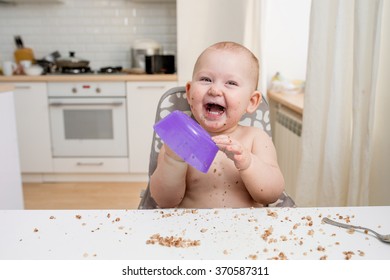 Little Baby Eating. Happy Messy Eater