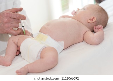 Little Baby Getting A Vaccine Shot In Leg