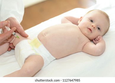 Little Baby Getting A Vaccine Shot In Leg