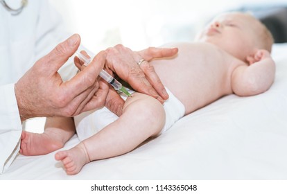 Little Baby Getting A Vaccine Shot In Leg