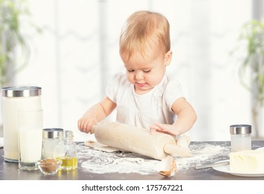 Little Baby Girl Is Cooking, Baking, Pastry Rolls Out