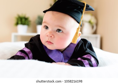 Little Baby Girl In Graduation Cap And Gown