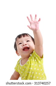 Little Baby Girl Pulling Hand Up Isolated On White Background