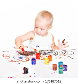 Little Baby Paint By His Hands - On White Background.