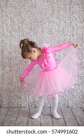 Little Ballerina Girl In Ballet Tutu Skirt. Rehearsal 