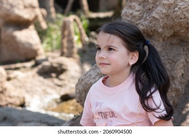 Little beautiful white girl with dark long hair smiles against the background of a garden of stones