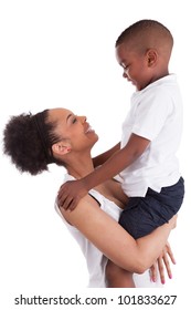 Little black boy embracing her mother, isolated on white background