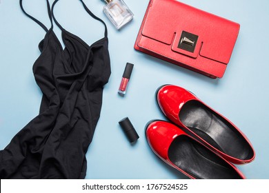 Little Black Dress And Classic Red Accessories For Party Or Special Date. Flat Lay, Top View. Copy Space.