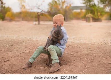 A Little Blond Boy On A Farm With A Pet Rabbit. Rabbit Park.