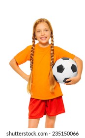 Little Blond Girl Holding Soccer Ball Isolated